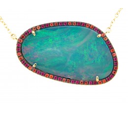 Black Opal Doublet Necklace with Orange, Blue Sapphires & Ruby Halo